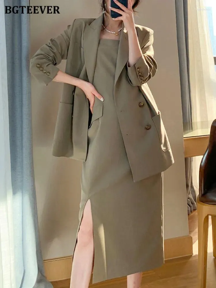 Work Dresses BGTEEVER 2024 Women Dress Suits Notched Collar Jacket & Sleeveless Slim Elegant Ladies Blazer Set