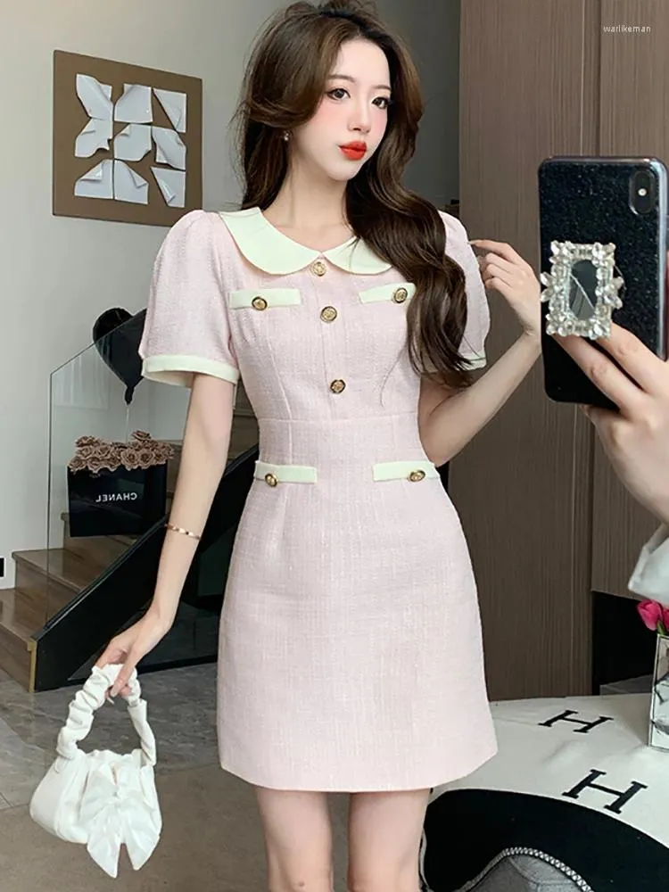 Party Dresses Summer Pink Short Sleeve Doll Collar Mini 2024 Fashion Elegant Casual Home Dress Women Korean Bodycon Vestidos