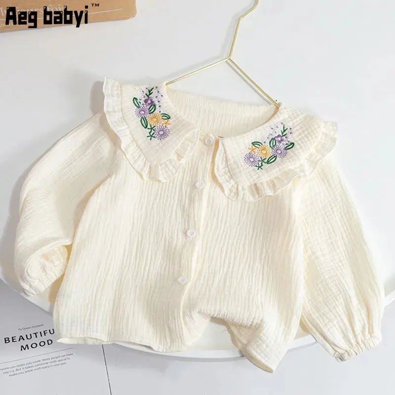 Baby Mädchen Kleidung Kleinkind Shirt Süßes Revers Langarmshirt Frühling Mädchen Blusen bestickte Baumwolloberteile 1–6 Jahre 240318