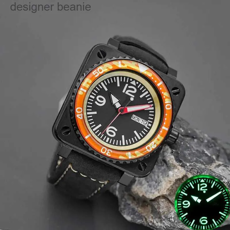 Orologi da polso da uomo immersivo nero quadrato con precisione NH35 NH36 Movimento automatico in acciaio inossidabile vetro sferico C3 Glowing 10 ATM WaterC24410