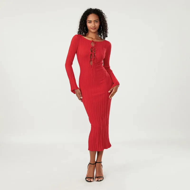 Casual Dresses Puloru Elegant Red Knit Midi Dress Spring Summer Women's Cutout Tie Front Flare Långärmad Bodycon Mantel för arbetsfest