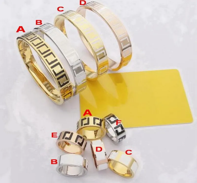 Luxurious Enamel Bracelet Earrings Rings Sets Engraved F Initials Letter Settings Women 18K Gold-Plated Bangle Ear Studs Jewelry Birthday Gifts HFS12 --016