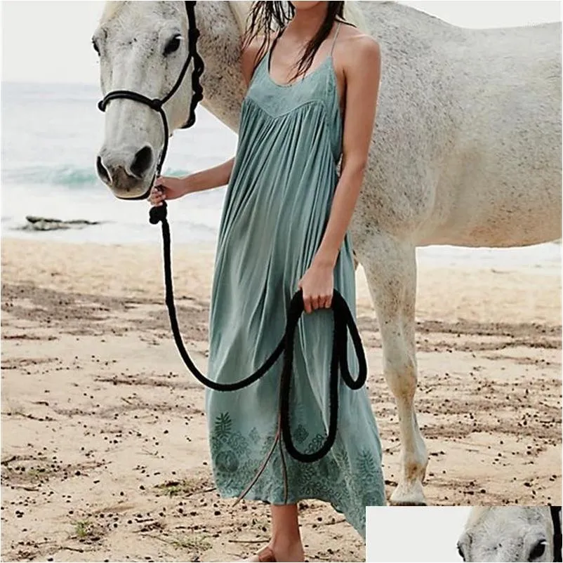 Abiti casual di base Cintura ricamata Abito lungo Donna Vintage Chic Scollo a V senza maniche Rayon bianco Floreale Estate Spiaggia allentata Y Drop Del Otuhu