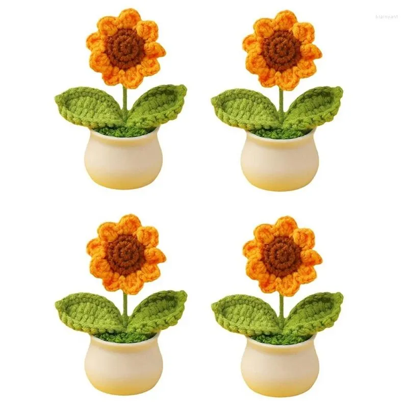 Decoratieve bloemen 4 stuks mini gehaakte zonnebloem potplanten geel nep gebreid met pot handgemaakt kunstmatig voor autoornamenten