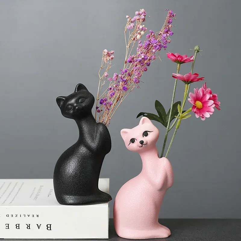 Vases pour la maison, ornements simples de style européen, fleurs séchées, décorations florales, Vases en céramique mignon petit chat.