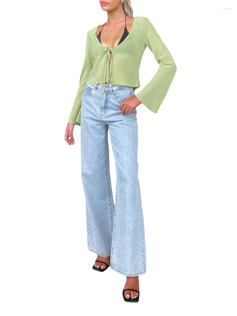 Women's Blouses Womens Peplum Slim Fit Crop Tops Green Long Sleeve Low Cut Tie Up T-shirts