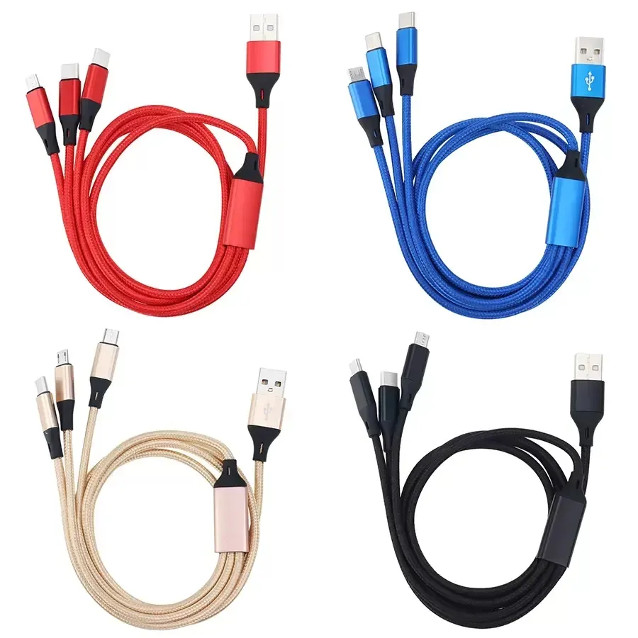 3 في 1 كبلات Micro USB من نوع C لـ iPhone 15 14 13 12 11 Pro Max Samsung Galaxy S10 S20 S22 A52 A53 Huawei P30 P40 Xiaomi Redmi Note 8 10 11 Oppo Vivo 1.2m Charging Cord