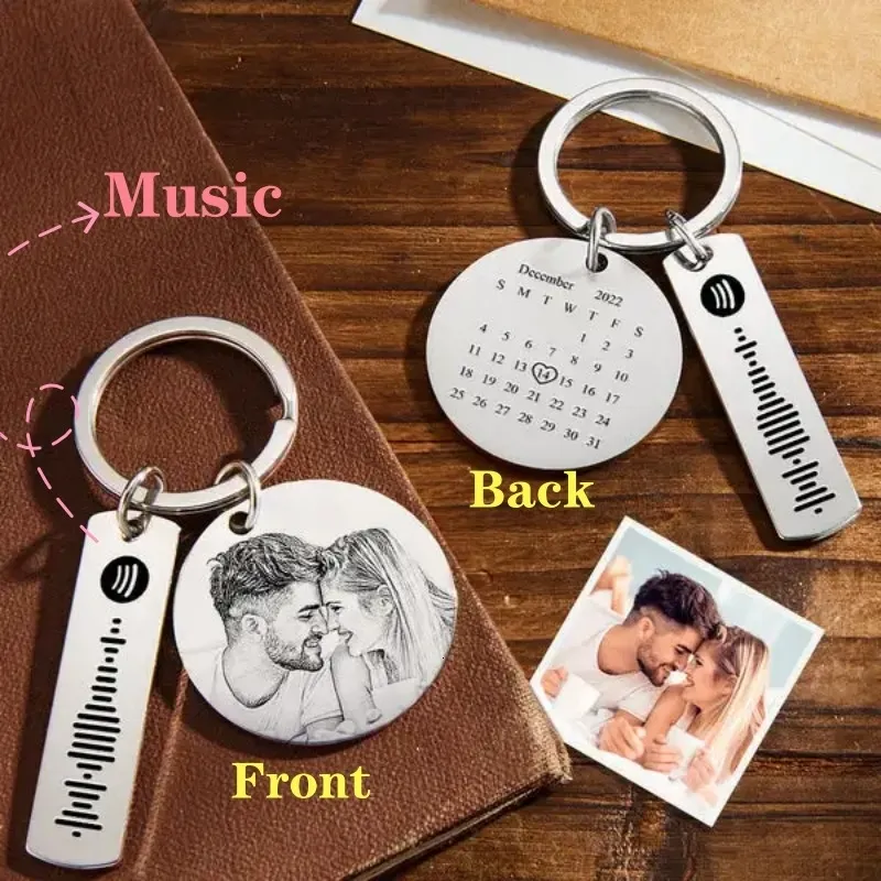 Porte-clés Po personnalisé avec calendrier rond de 3cm, Code Spotify, inoxydable, Date personnalisée gravée, cadeau commémoratif Musical personnalisé 240309