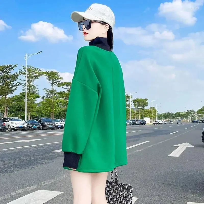 Hoodies femininos outono e inverno verde midi moletom gola alta undershirt frito casaco de rua na moda estampado