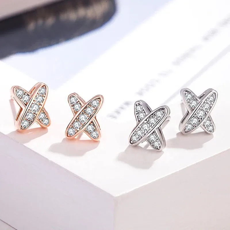 Boucles d'oreilles 925 Silver Silver Full Diamonds Xshaped Cross Orees Oreads Fomen Women Rose Gold Ear Stud France Brand de luxe Bijoux Fine Bijoux Cadeaux