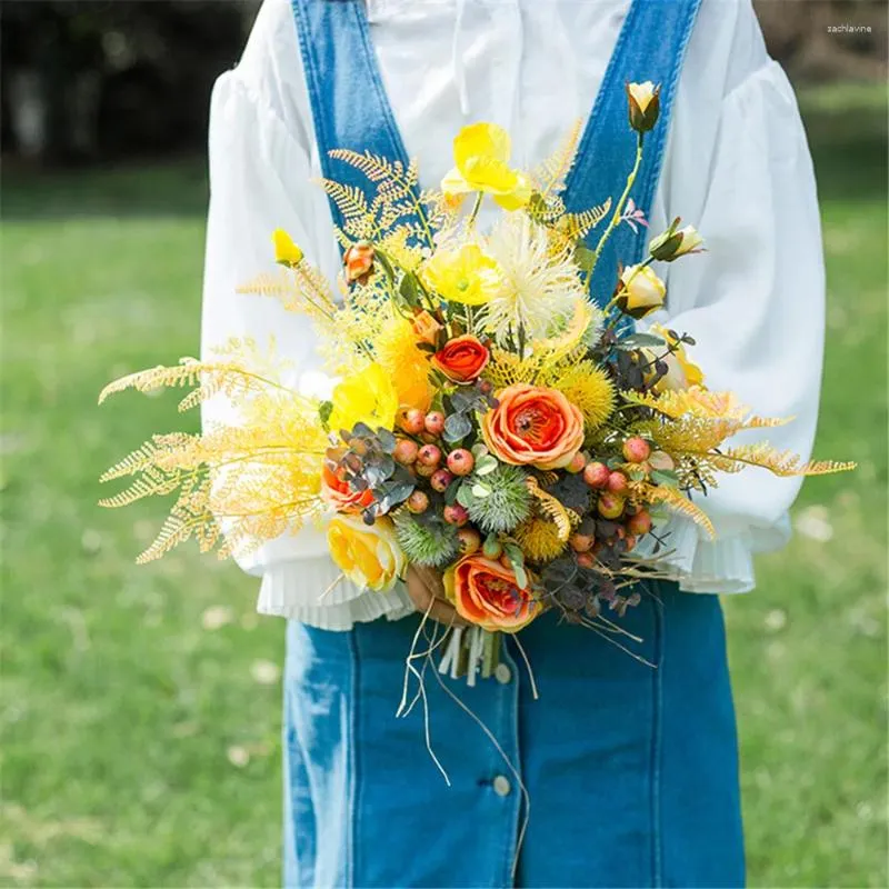 Wedding Flowers SESTHFAR Vintage Bridal Bouquet Yellow Artificial Eucalyptus White Bridesmaid Hand Flower Bride Ramos De Novia