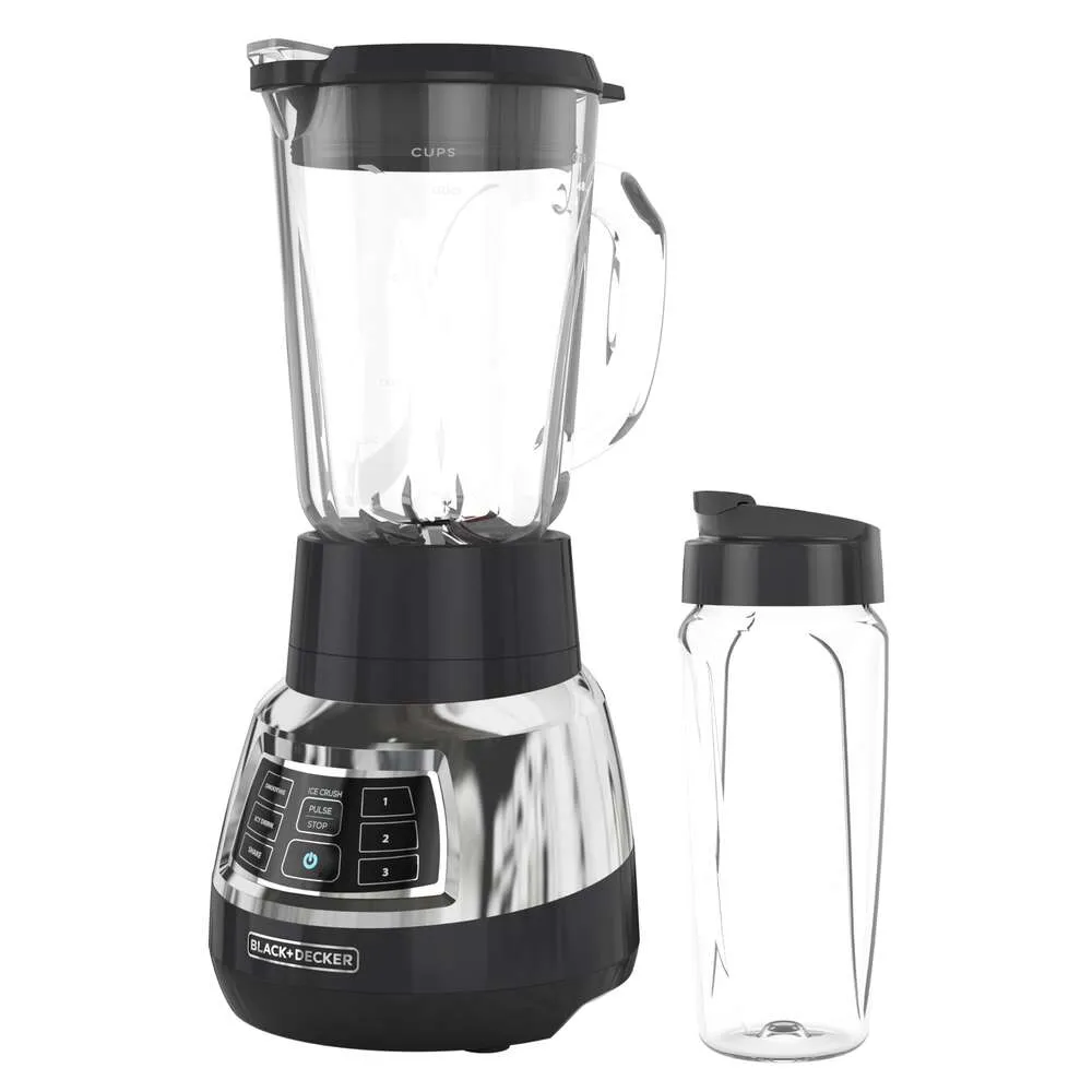 Black+decker stille mixer met cycloonglazen potten met 6 kopjes, 3 snelheden+3 functies, gekartelde mestechnologie voor sneller mixen, pulsknop en 24 ounce persoonlijk