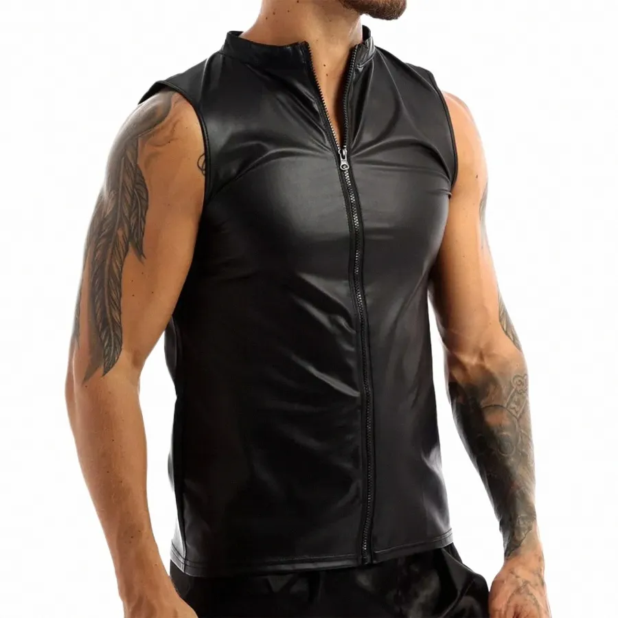 Masculino Fi Sexy Sleevel Faux Leather Tank Top Verão Preto Slim Zipper Vest Nightclub Stage Performance Gay Undershirt Q5Jd #