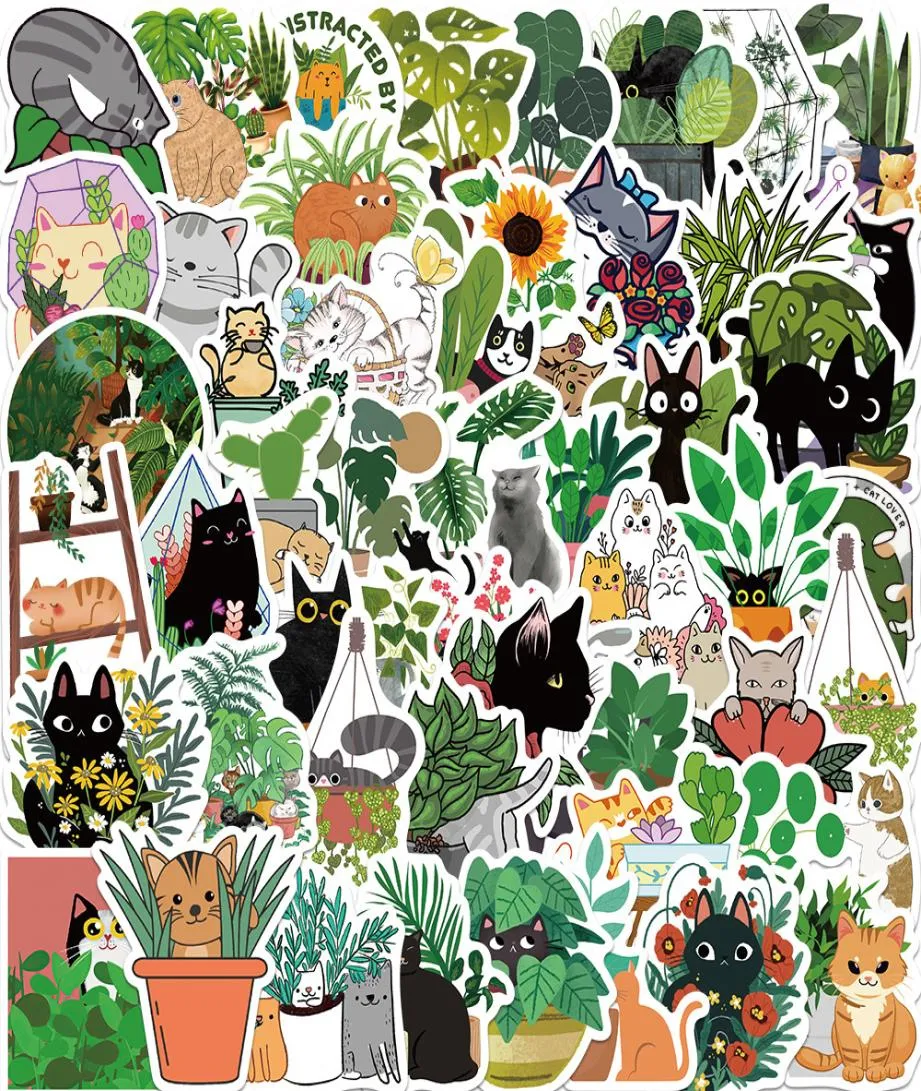 50st söta kattklistermärken Spring Cats and Plants Waterproof Stickers Dekorativa vattenkopp Telefonfodral Bagage Hjälm Laptop iPad Kids8075647