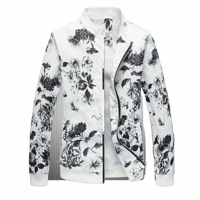 2021 Spring New Men Floral Printed Jackets Cardigan Zipper Coats Fi Bomber Jacket Mens Slim Fit Windbreaker Coat Plus Size S382#