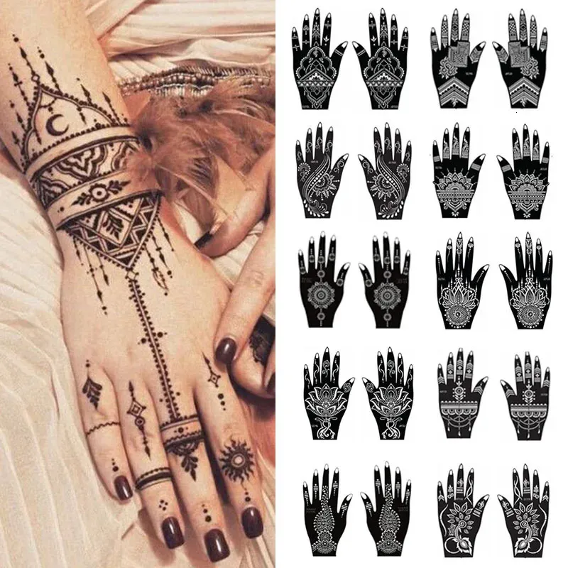 1 par de henna estêncil de henna temporária Tattoo de mão Art Sticker Indian Glitter Airbrush Modelos para casamento 240322