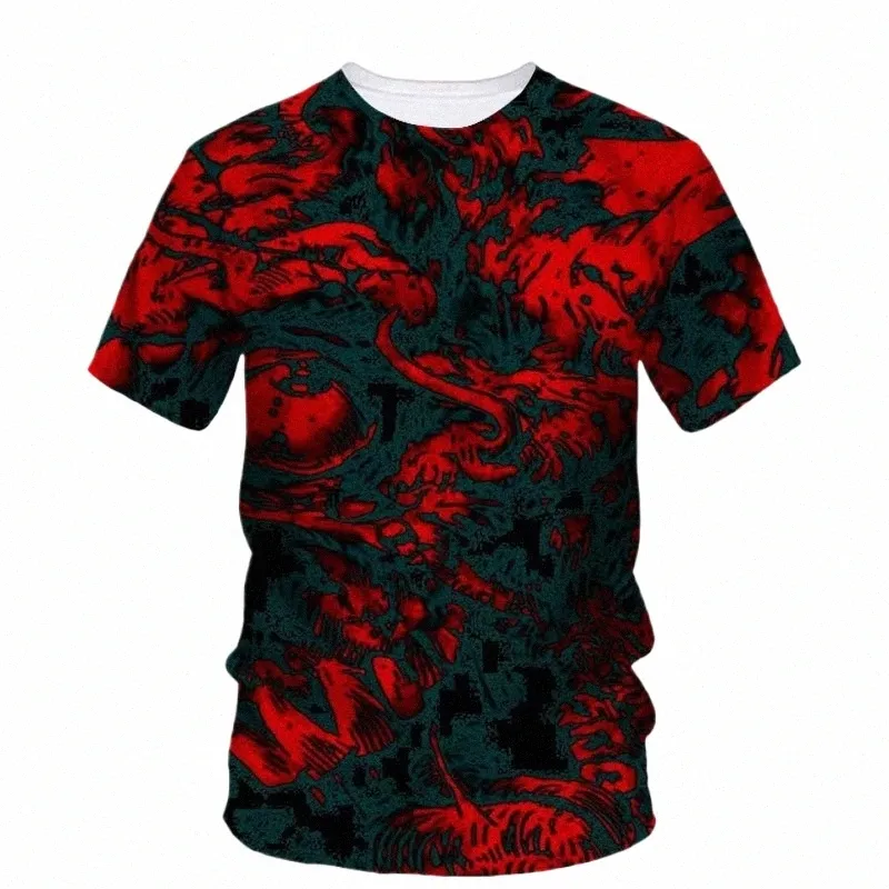 Verano Fi Nuevo rojo y negro graffiti gráfico camisetas para hombres tendencia Casual Persality Hip Hop impreso camiseta de manga corta Top 3736 #