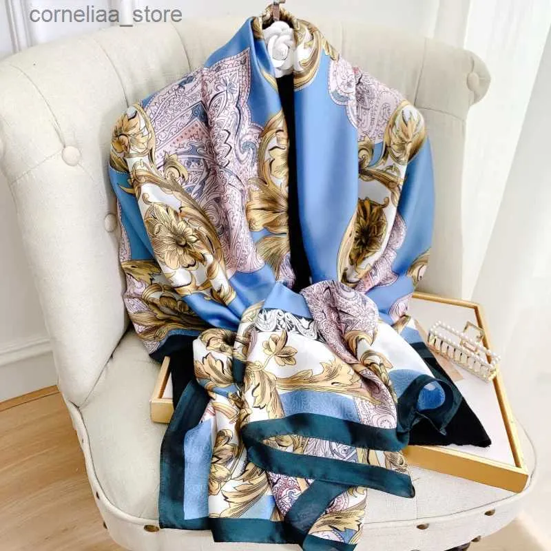 Bandanas Durag Scarves Luxury Brand 2023 Silk Scarf Women Large Shawls Pashmina Hijab Foulard Echarpe Design Print Lady Beach Stole Head Scarves Y240325