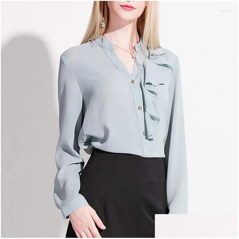 Koszulki damskie Bluzki jesień wiosna moda biuro panie niebieskie granatowe marszczenia długoterminowe kardigan bluzka szyfonowa szczupła luźna dla kobiet Dro OT14B