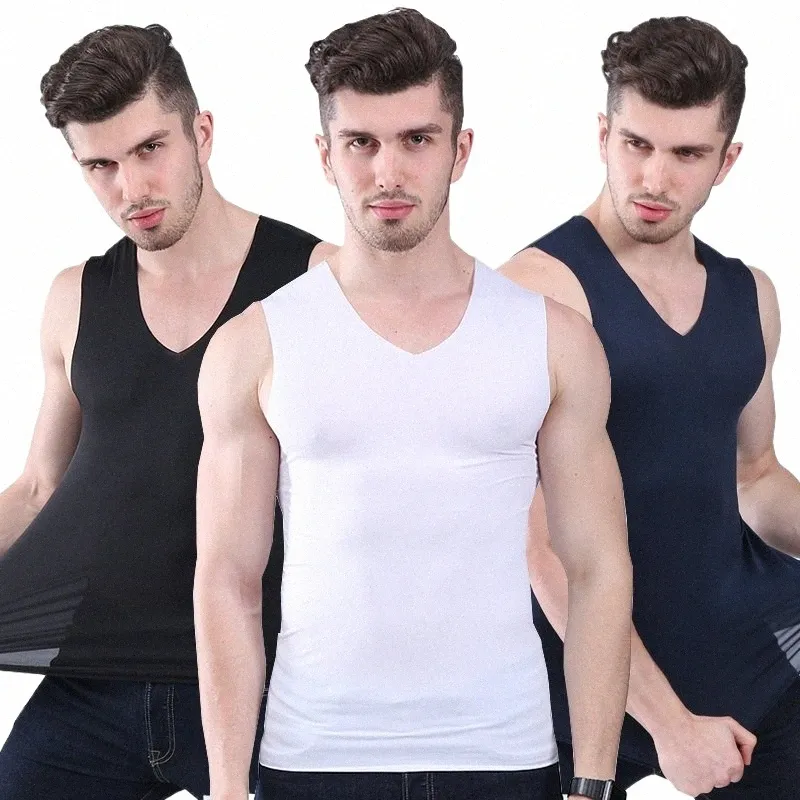 Summer Men Vest Aucune trace de gilet de soie de glace homme slim serré épaule large col en V sans manches maillot de corps hommes top réservoirs Cool respirant z8ay #