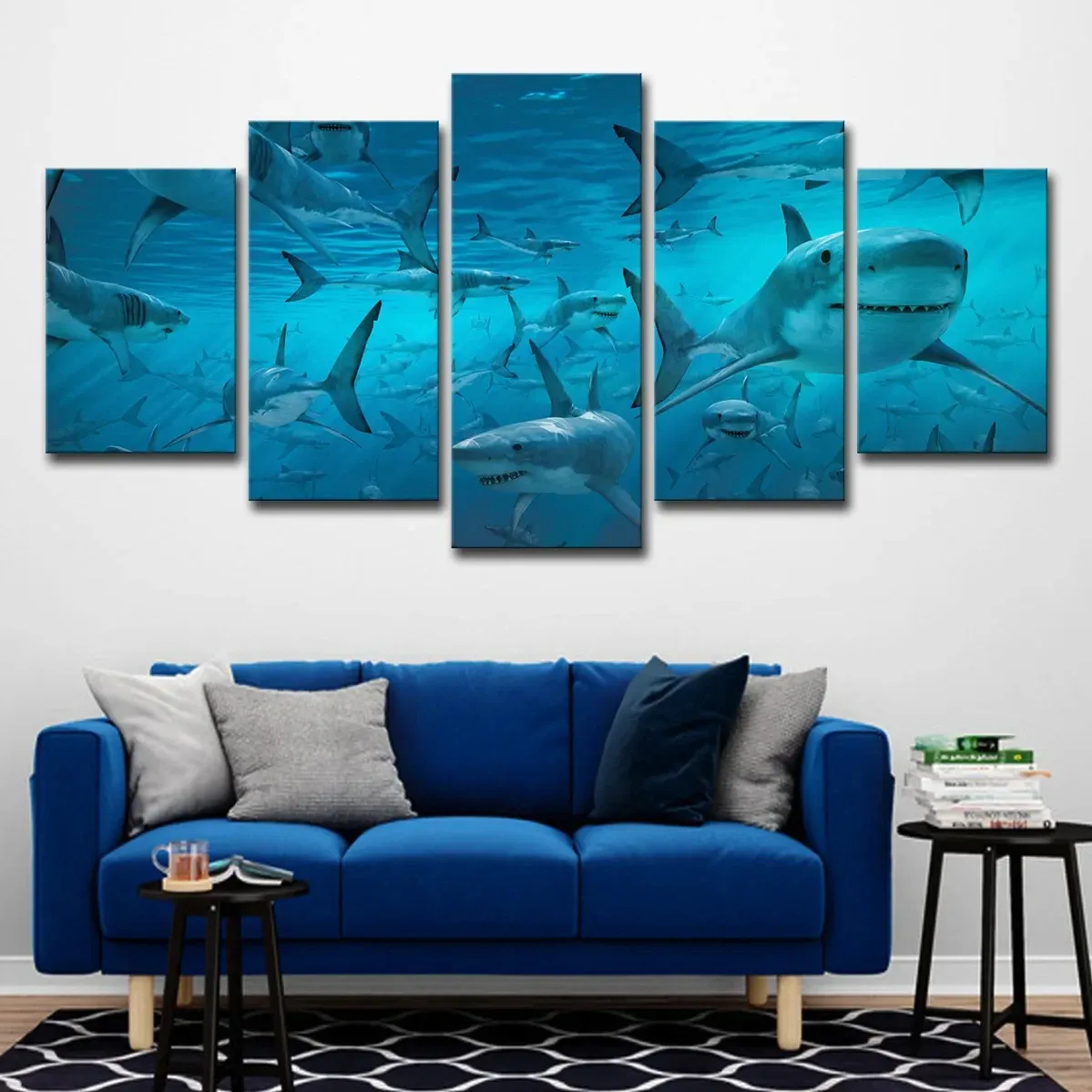 Pintura em tela de tubarão, 5 peças, saltando do mar, arte de parede, vida marinha, pôsteres e impressões para decoração de sala de estar, sem moldura