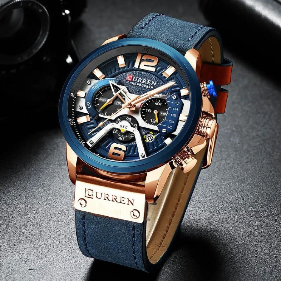 Curren Mens Watches Top Brand Luxury Chronograph Men Watch Leather Luxury Waterproof Sport Watch Men Man Clock Man Wristwatch T19246o