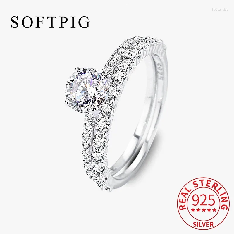 Clusterringe SOFTPIG Echt 925 Sterling Silber 0,8 Karat Moissanit Rundring Set für Frauen Hochzeit Niedlicher feiner Schmuck Minimalistisches Zubehör