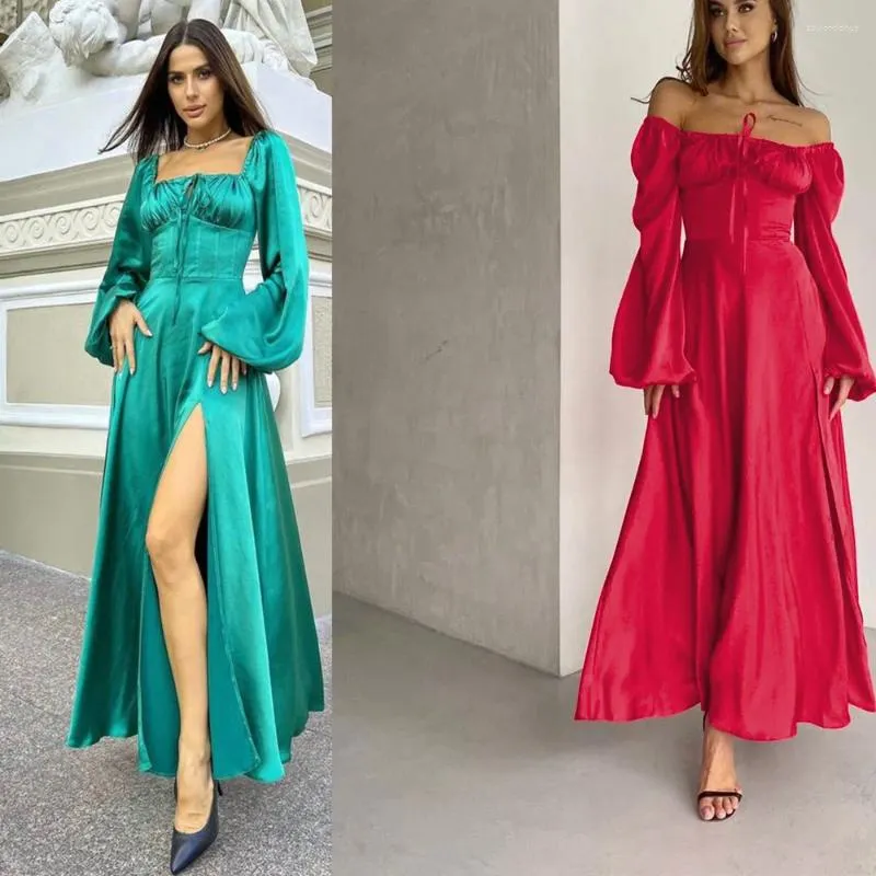 Party Dresses JAMERARY Satin Maxi High Slit Dress Women Sexy Off The Shoulder Backless Lantern Long Sleeve Full Length Vestidos Prom