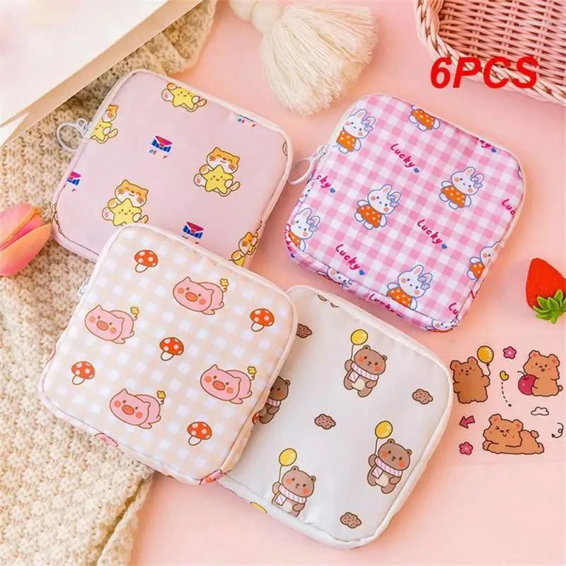 Sacos de armazenamento 6pcs saco de guardanapo sanitário tampão organização dos desenhos animados bolsa de moeda maquiagem cabos de dados batom fone de ouvido