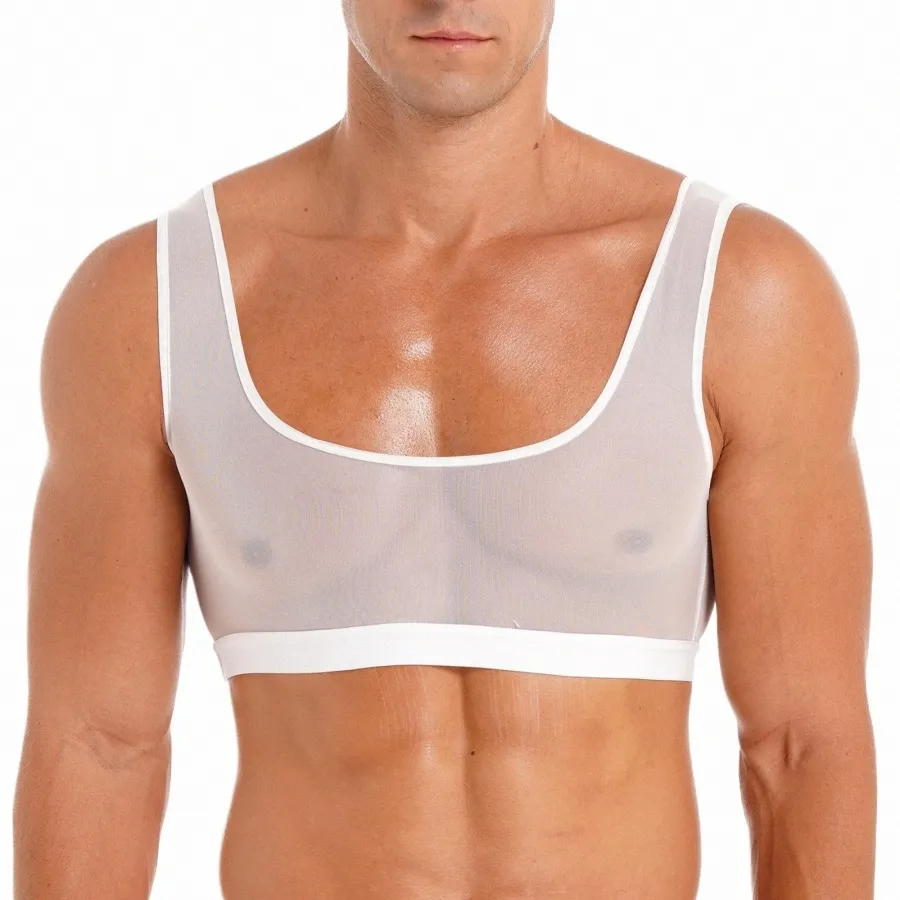 Homens Sexy Transparente Malha Crop Tank Tops Sleevel Sport Workout Fitn Vest Bodybuilding Undershirt Sportswear Nightwear x49Z #