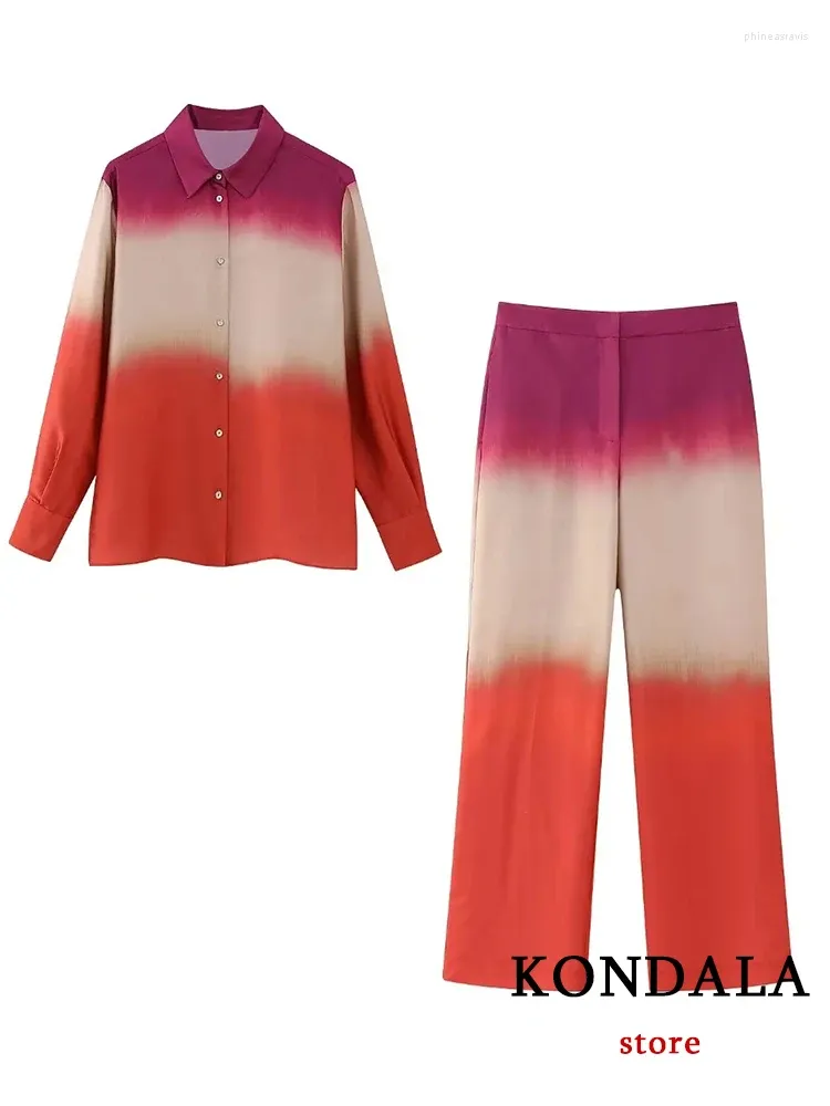 Women's Two Piece Pants KONDALA Vintage Red Tie Dye Suits Women Long Sleeve Loose Shirts High Waist Wide Leg Fashion 2024 Summer Holiday