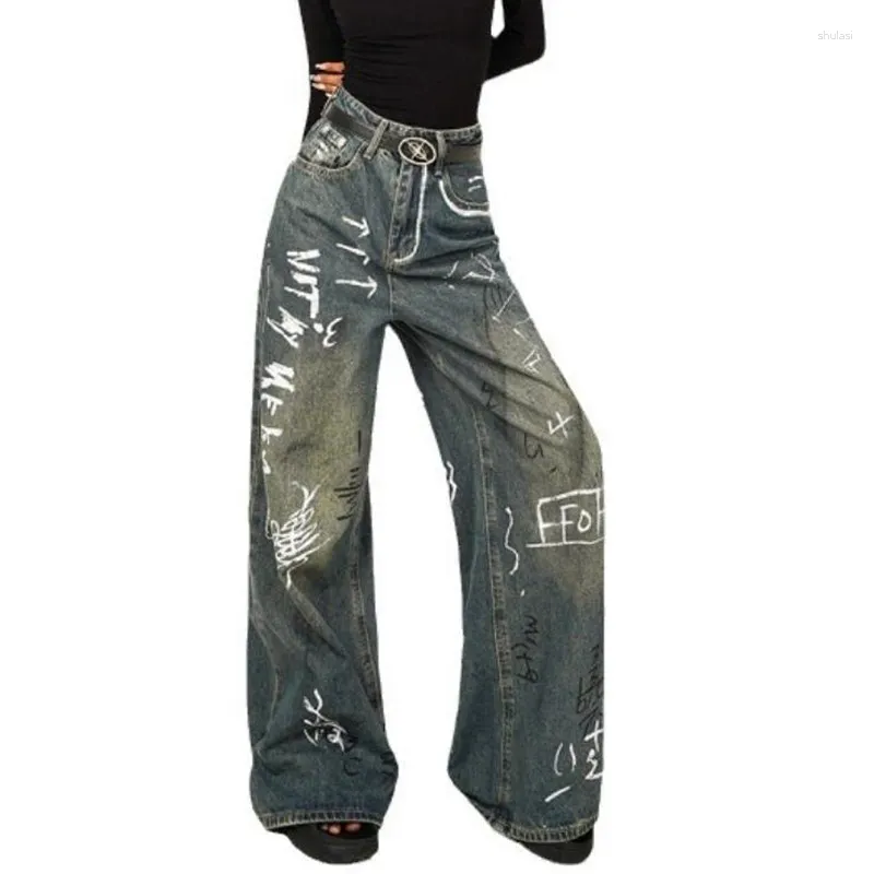 Damesjeans Mode Vintage Graffiti Pittig Meisje Doe De Oude Vrouwen Hoge Taille Wijde Pijpen Losse Casual Denim Broek S789