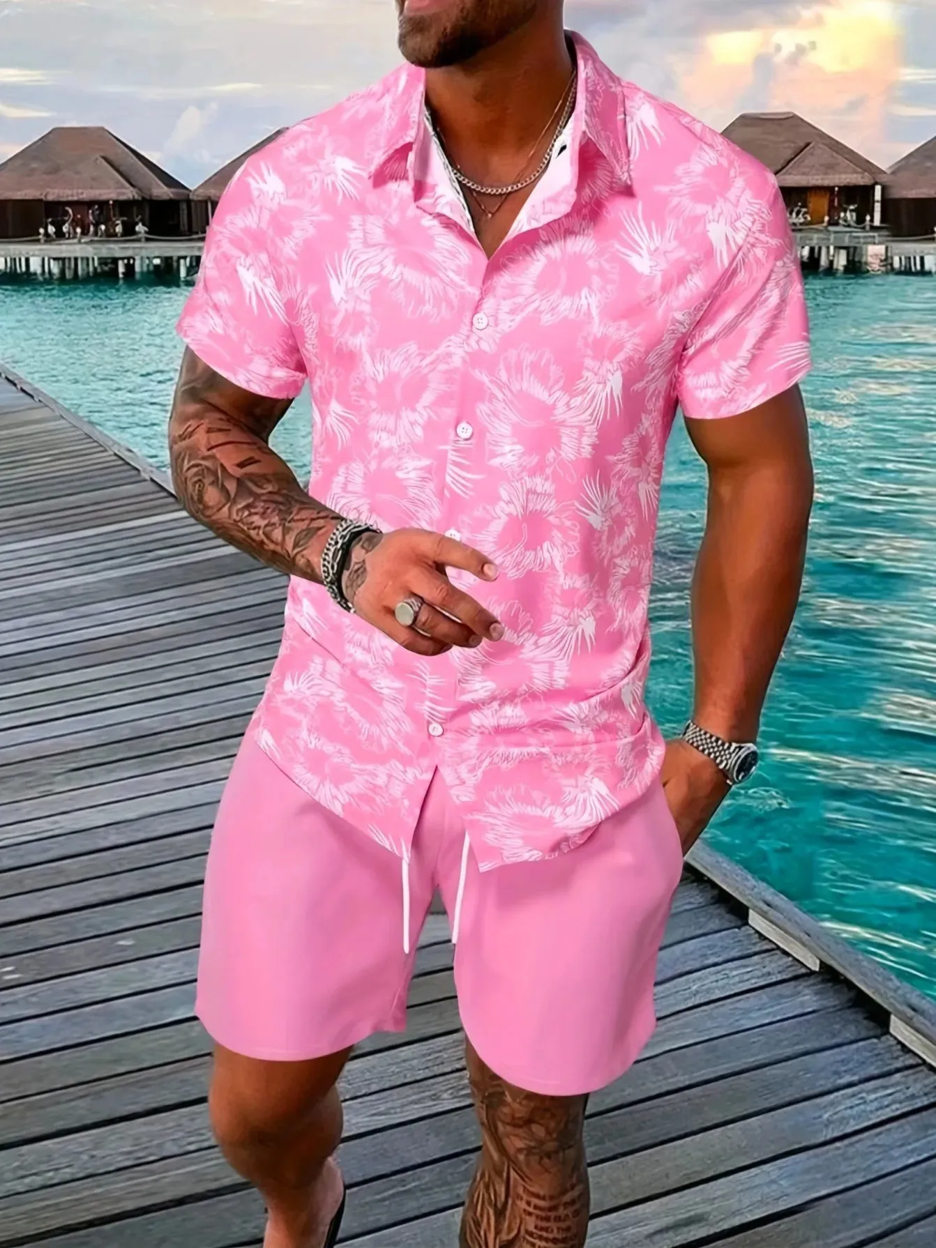 男性セット印刷パッチワークラペル半袖カジュアルシャツビーチショートパンツサマーストリートウェアバケーションハワイアンスーツS3XL 240312