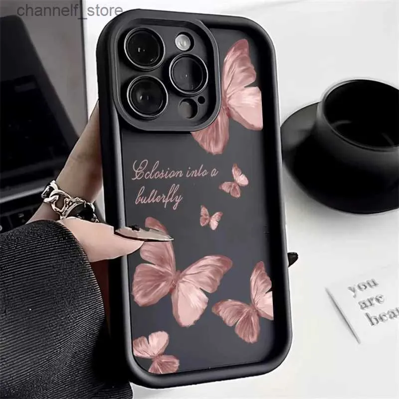 Étuis de téléphone portable Étui pour iPhone 15 Peinture Papillon Rose Étui de téléphone en silicone pour iPhone 15 14 13 12 11 Pro Max X XR XS 7 8 Plus SE2 Couverture soupleY240325