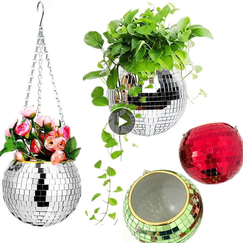 Jardinières 25cm/9.8in Disko boule Pot de fleur panier suspendu mur Vase Disco boule planteur Vase décor à la maison miroir plante Pot livraison directe 2022