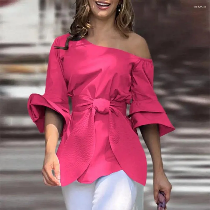 Blouzen voor dames casual vaste kleur blouse elegante skew kraag veter taille zomer met wijd uitlopende halve mouwpullover