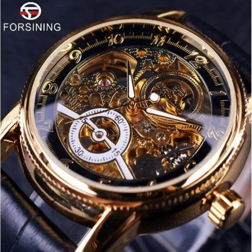 Forsiner Hollow Graving Skeleton Casual Designer Black Golden Case Gear Gears Mens Men Luxury Top Brand Automatic Watches 2831