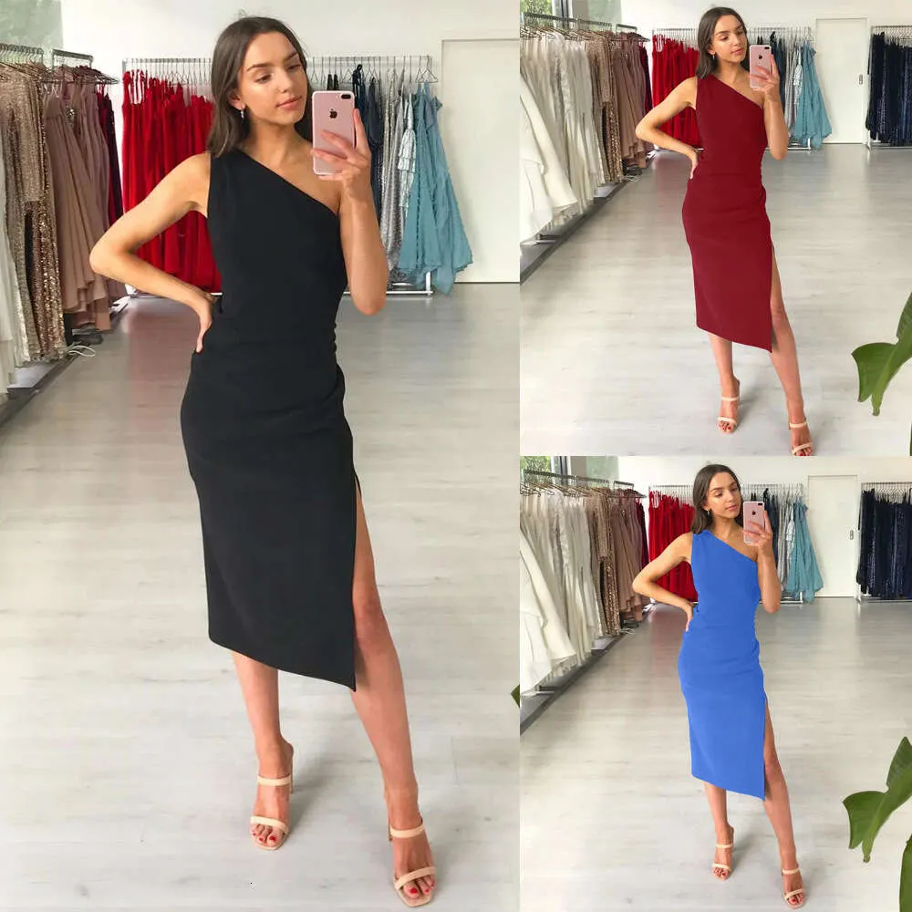 New Women's Fashion Solid Color One Shoulder Split Slim Fit Sexy Mid Length Dress 803481