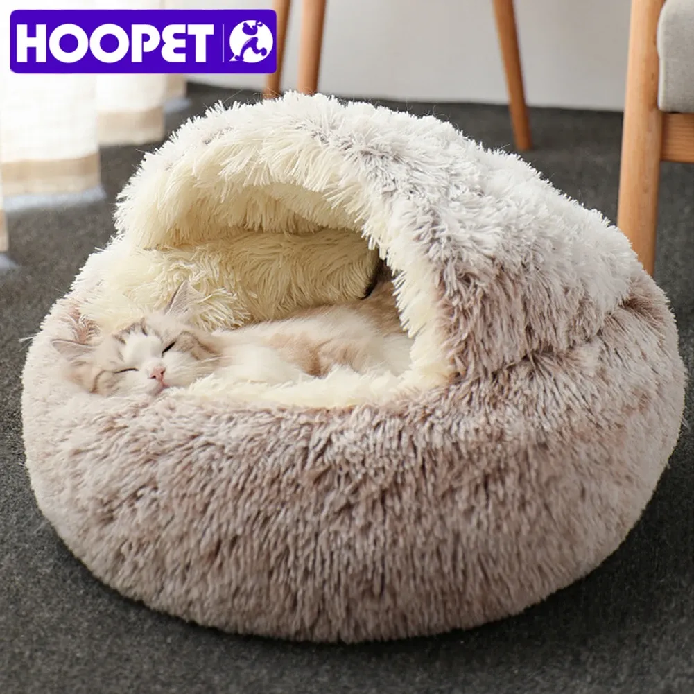 Tapis HOOPET chat lit rond chat nid chiot grotte longue peluche lit pour animaux de compagnie chaud chats lit 2In1 chat coussin canapé de couchage