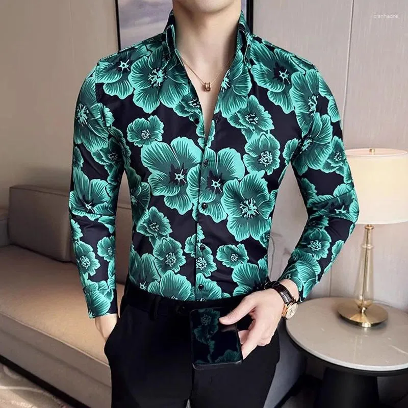 Camicie casual da uomo Camicia stampata a fiori a maniche lunghe di lusso per uomo coreano scollo a V slim fit smoking taglie forti abbigliamento floreale