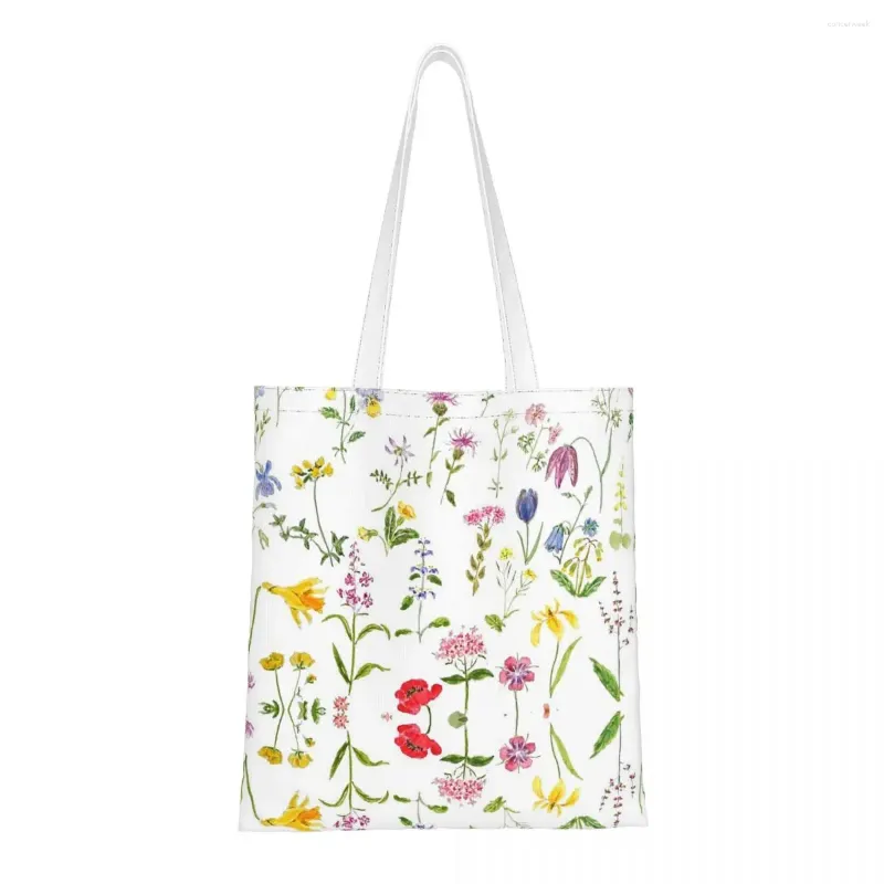 Sacos de compras botânico colorido campo flores silvestres aquarela lona bolsa de ombro feminino flor grande capacidade tote