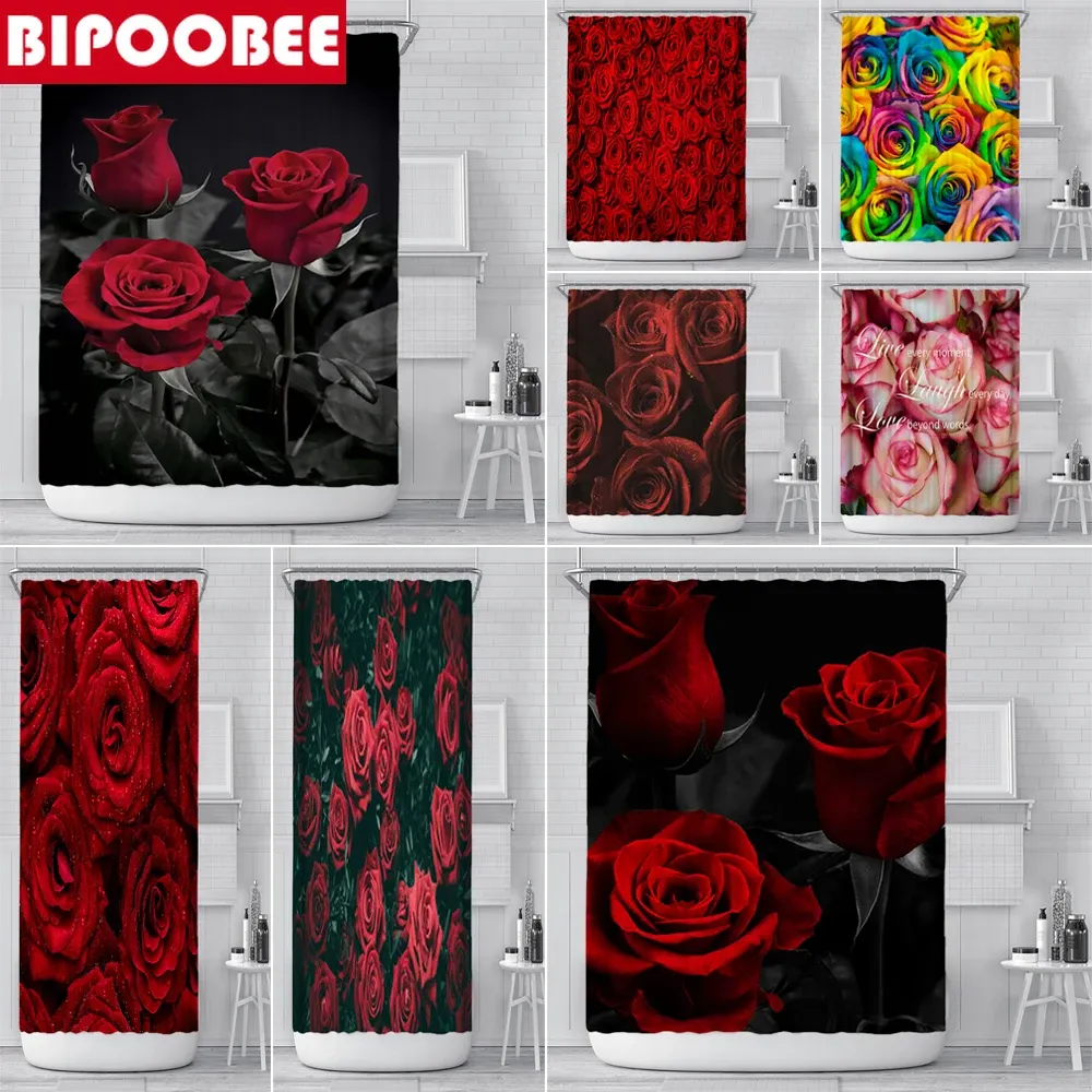 Rideaux de douche en tissu Polyester imperméable, avec roses rouges et feuilles noires, pour décoration de salle de bain, en grappe de fleurs