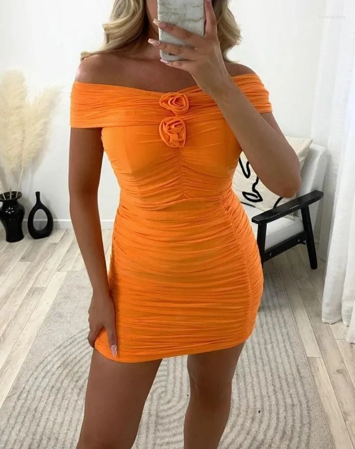 Casual Dresses Womens 2024 Summer Fashion Rose Detail Ruched Off the Shoulder Short Sleeve Bodycon Plain Daily Mini Dress