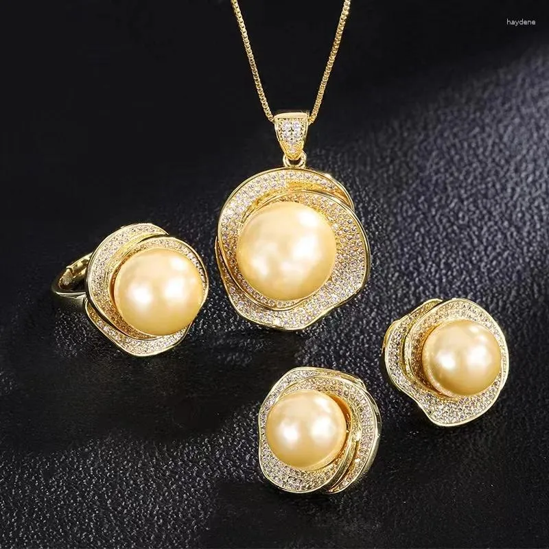 Collana orecchini set EYER gioielleria raffinata CZ zirconi perle naturali imposta anello dorato per regali da donna