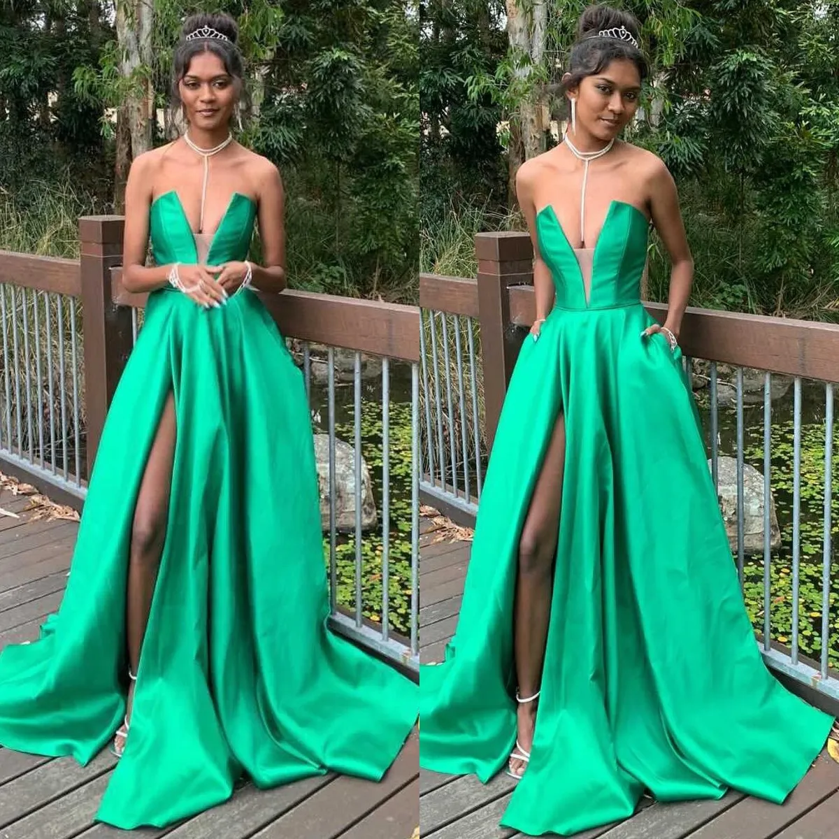 Fantastisk Mint Green Prom Dress A Line V Neck Formell aftonklänningar Eleganta lårdelade klänningar för speciella tillfällen svep Train Satin Robe de Soiree