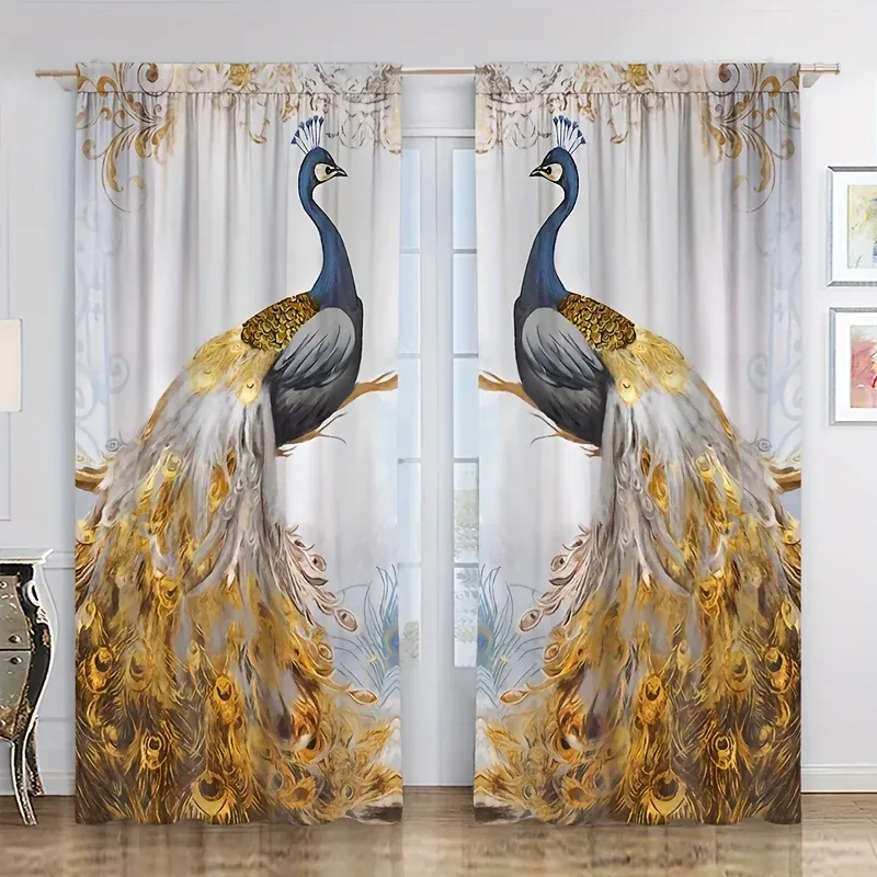 Cortinas 2 pcs Pavão Dourado Impresso Cortina Haste Bolso Janela Tratamento para Quarto Escritório Cozinha Sala de Estar Estudo Decoração de Casa