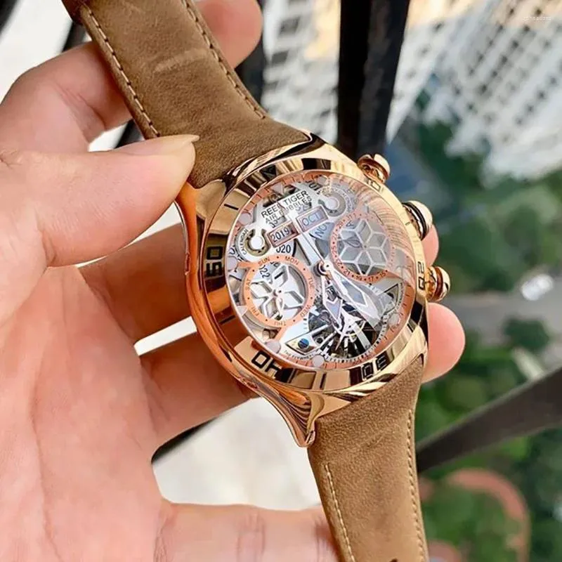 Armbandsur Rev tiger herrskelett automatiskt mekaniskt armbandsur 50m vattentät tourbillon kalender vecka display läder lyxklocka