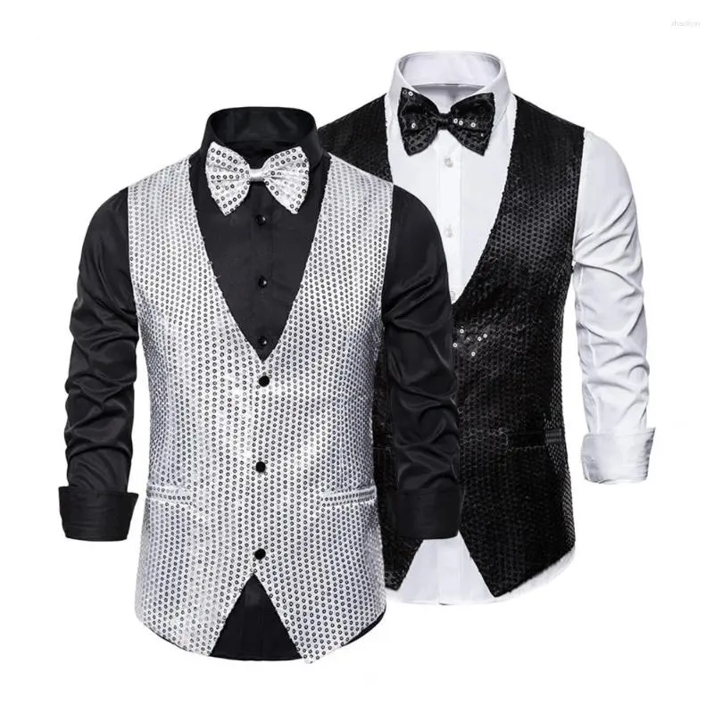 Gilets pour hommes respirant hommes gilet paillettes col en V noeud papillon ensemble pour rétro discothèque marié fête de mariage simple boutonnage sans manches