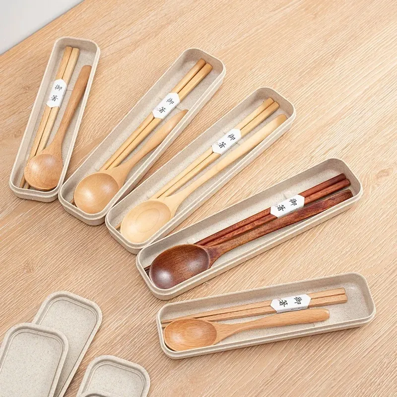 Portable Reusable Spoon Fork Travel Picnic Chopsticks Wheat Straw Tableware Cutlery Set with Carrying Box for Student Office