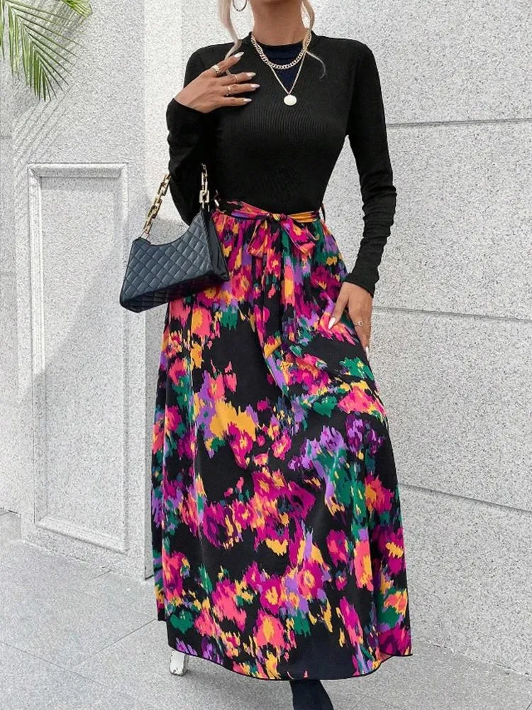 Rokken Vrouwen Rode Bloemenprint Strand Boheemse Rok Hoge Elastische Taille Boho Maxi Femmel Elegante Dames Wild Lange Drop